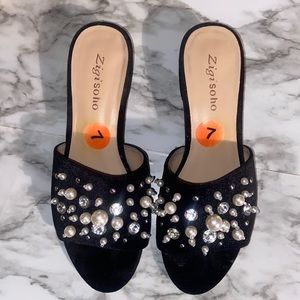Velvet Pearl & Rhinestone heeled slides